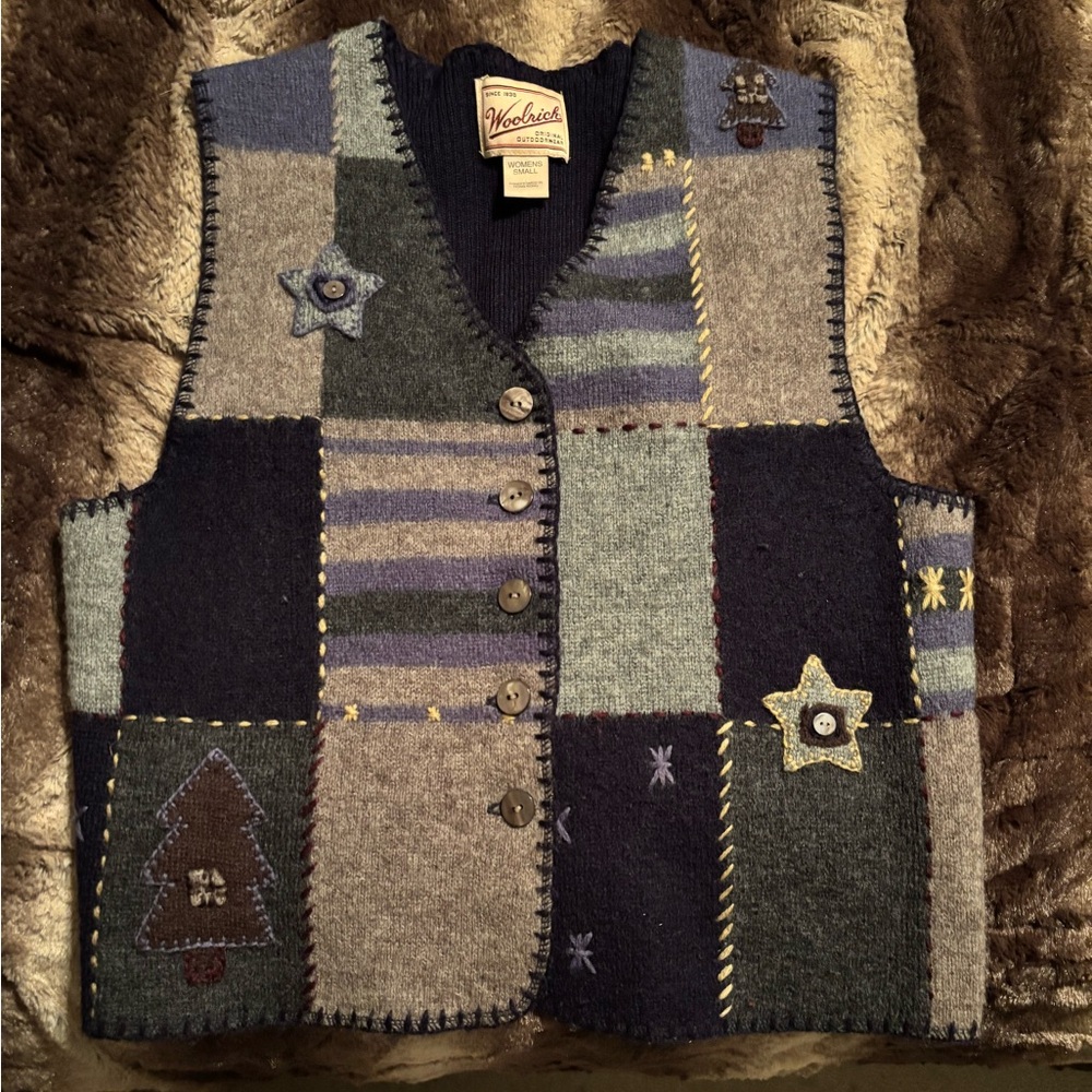 Vintage Woolrich Women's Button Up Sweater Vest Winter Patchwork 100% Wool small